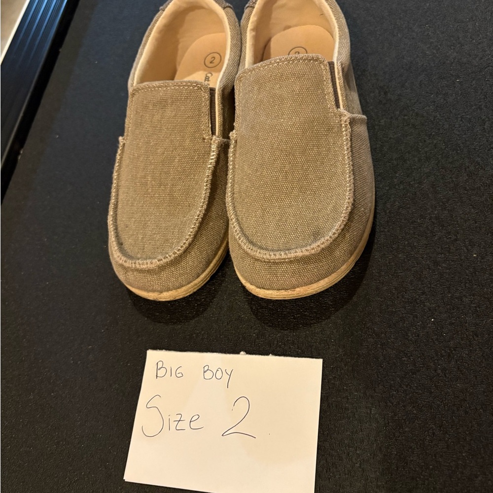 boys size 2 Cat & Jack Tan Moccasin Shoes Soft Suede-Like Slip-On